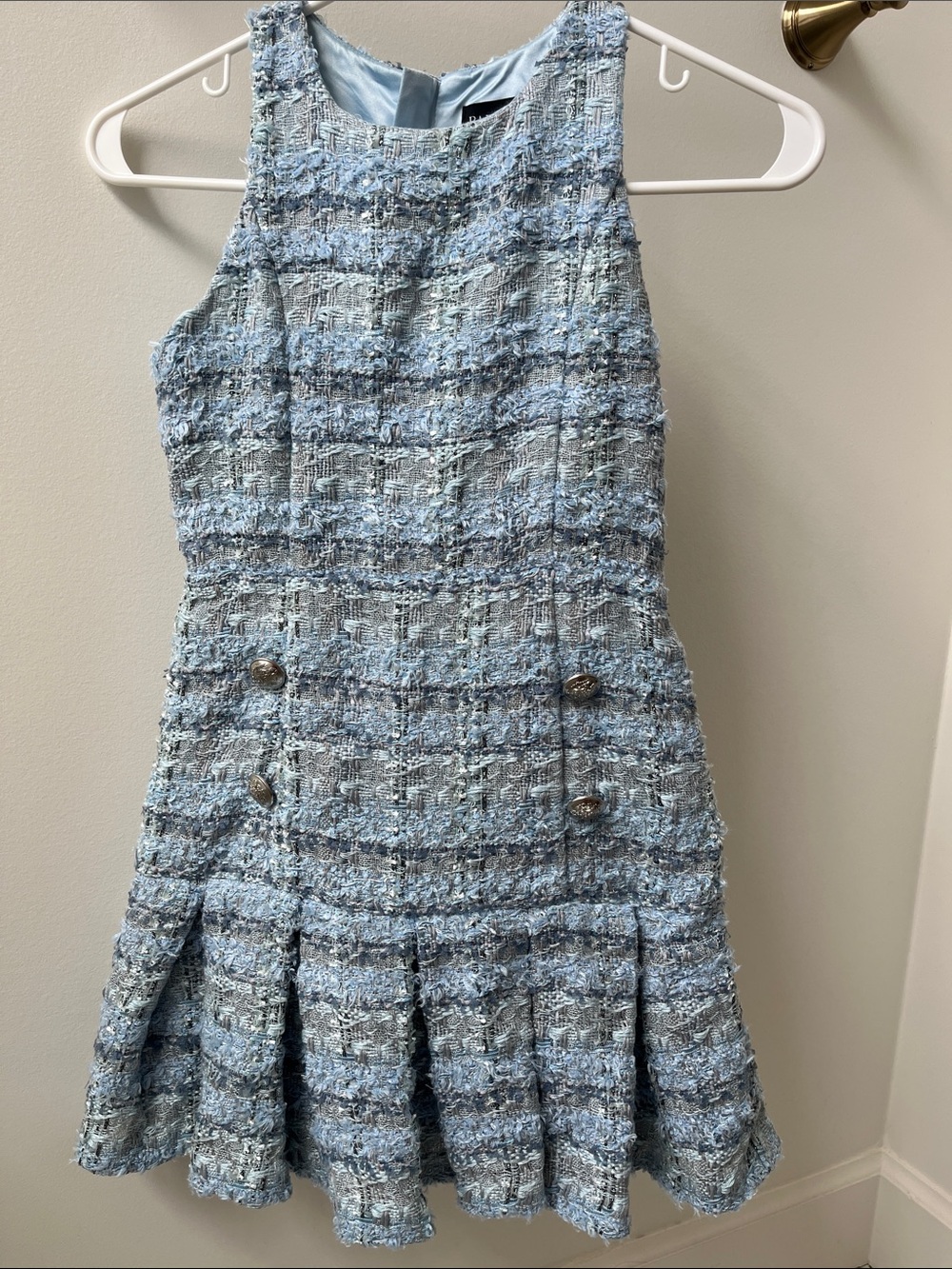 Bardot Light Blue Tweed Sleeveless Party Dress with Decorative Buttons